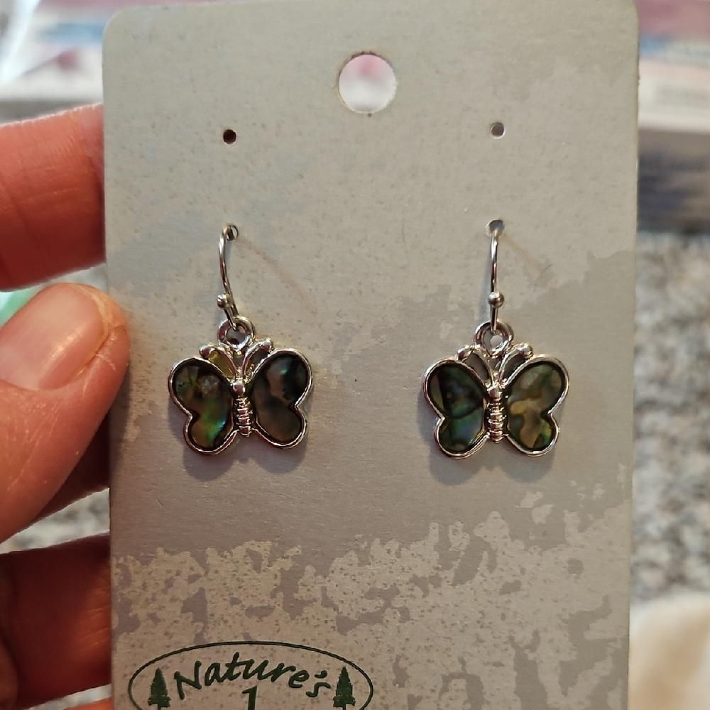 Silver and Green Butterfly Earrings